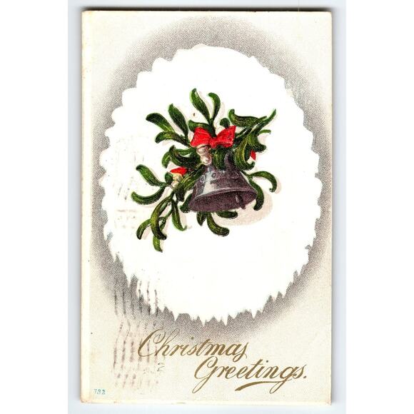 Vintage Christmas Greetings Postcard with Bells & Mistletoe, 1911 - Picture 1 of 2
